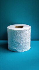White toilet paper roll on blue textured background with shadow cast below
