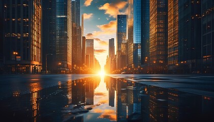 Sunset reflections on city skyscrapers mirrored in puddles