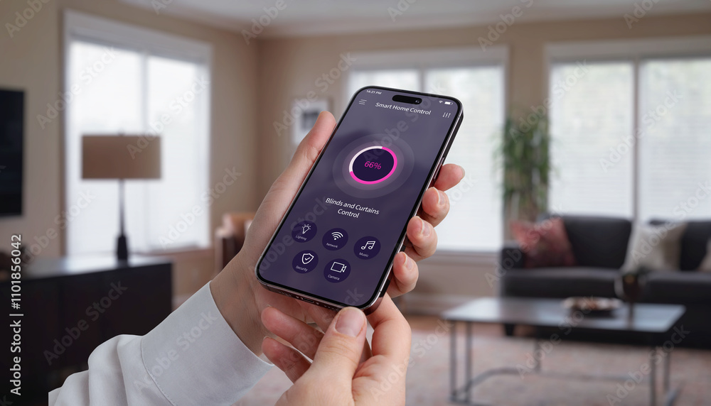 Poster controlling blinds and curtains in the living room using a mobile app. woman's hand with smartphone,