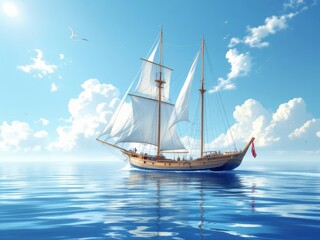 Sun-drenched sailboat, serene midday seas, rule of thirds composition.