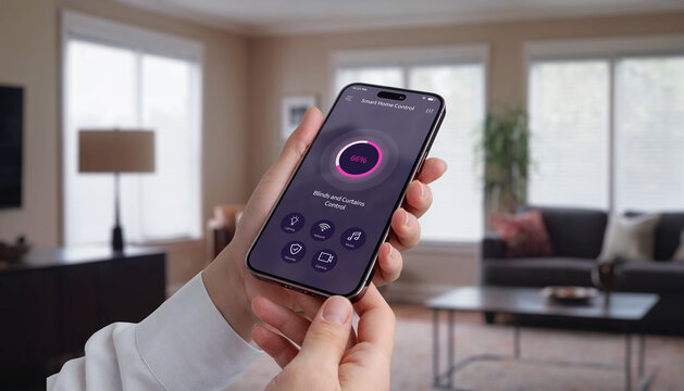 Controlling  blinds and curtains in the living room using a mobile app. Woman's hand with smartphone, modern home automation for light control and privacy
