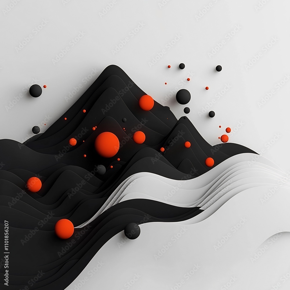 Poster shadowy black void with pulsing red orbs and flowing lines shaping a surreal mountainous in a pristi