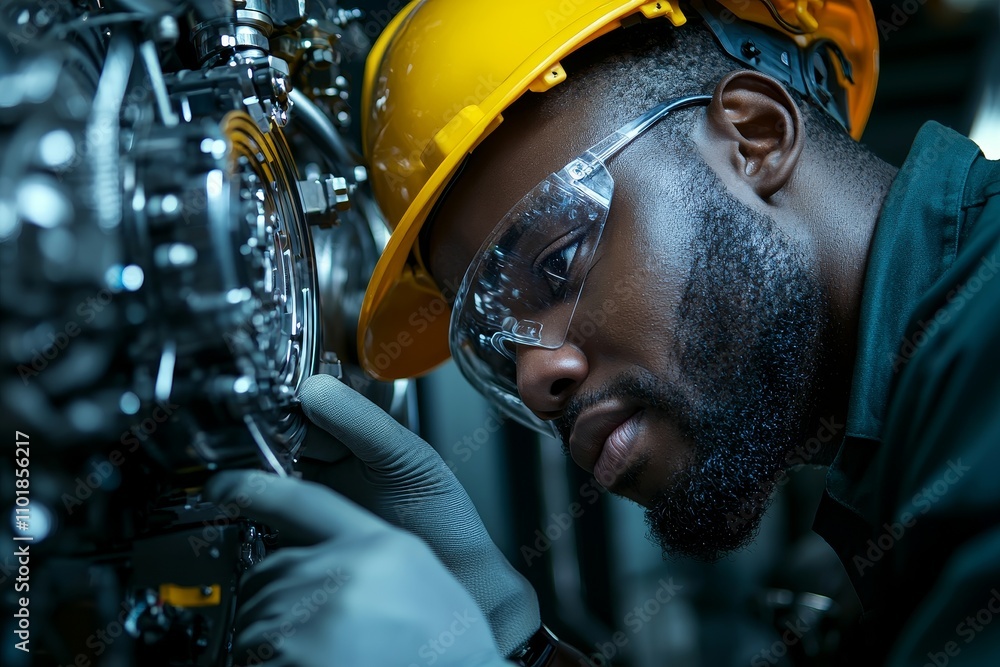 Poster in the industry, male workers and technicians, who are production engineers in safety wear, are adju