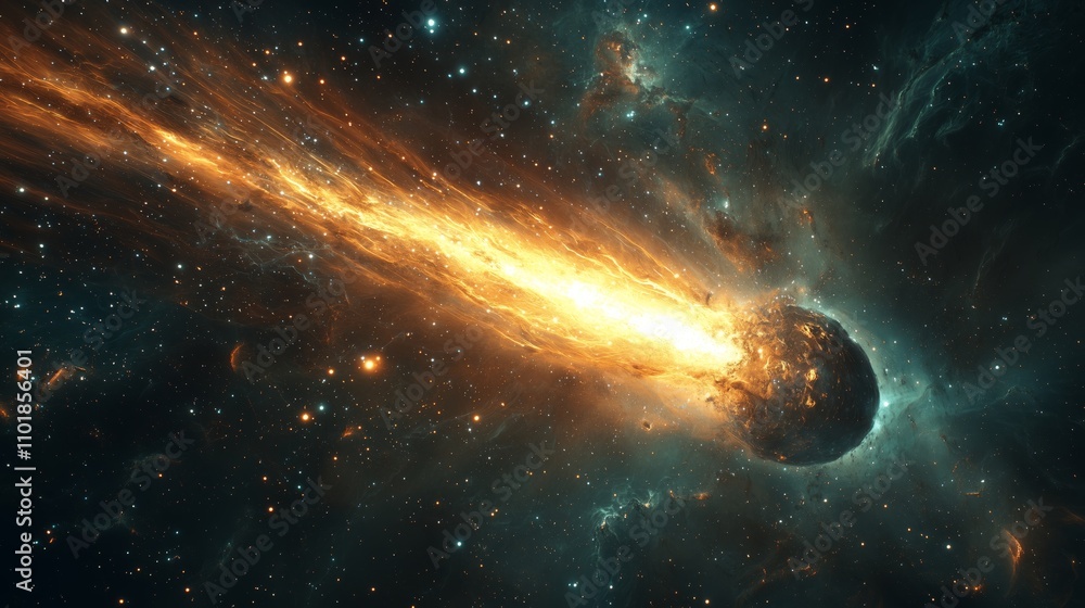 Poster dramatic cosmic scene of a fiery meteor shining brightly against a starry background of deep space w