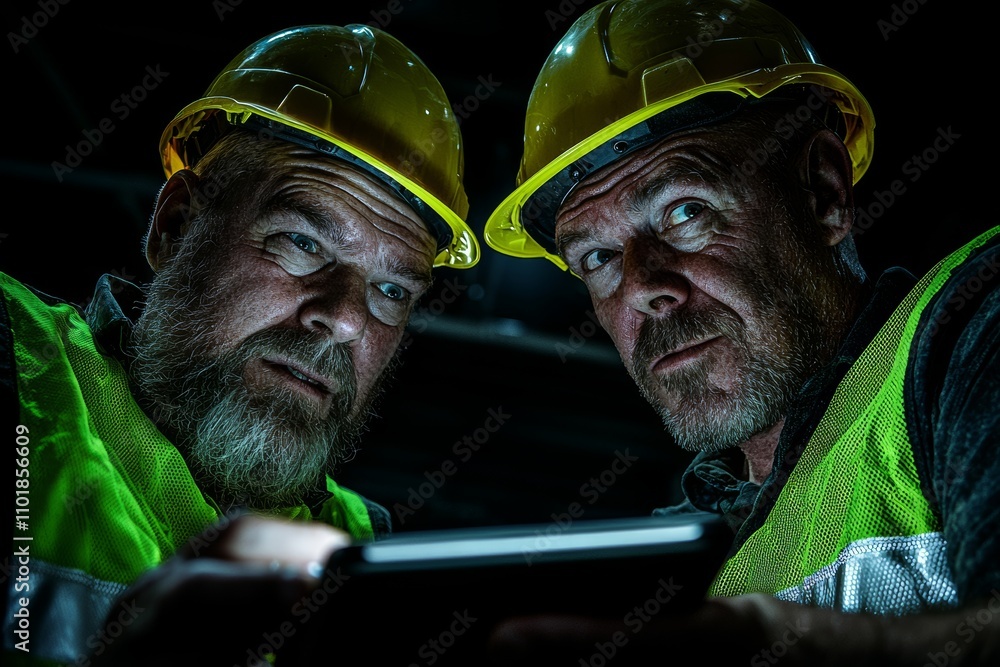 Poster Factory workers and engineers perform on-site checks of machines and products. The foreman or technician inspects materials and machines at the plant, illustrating the heavy industry factory concept.