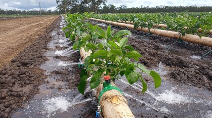A lush agricultural field with rows of young plants irrigated by a system of pipes, showcasing modern farming techniques.