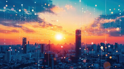 A glowing sunset illuminates urban skyscrapers, enhanced by digital graphics that symbolize progress and technological advancement