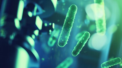 Microscopic view of beneficial bacteria thriving in a healthy environment, symbolizing the importance of microbiome balance in maintaining overall well-being.
