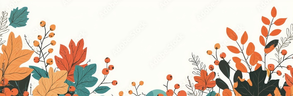 Aufkleber illustration of hand drawn autumn leaves and berries in retro color template. doodle style pattern.