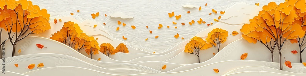 Poster the cartoon background of a row of yellow trees in autumn.