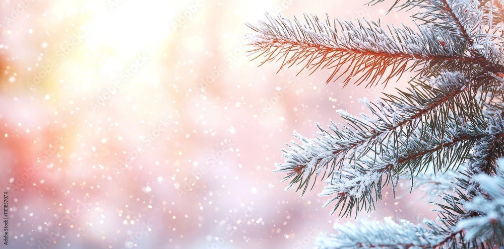 Aufkleber This winter background image features frosted spruce branches and small drifts of snow with bokeh lights and text space.