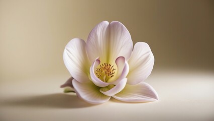 Delicate white pink flower gracefully positioned against a soft, neutral background, symbolizing tranquility and natural elegance, ideal for wellness or meditation themes