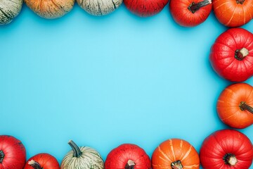 A pastel blue background with small orange, white, and pink pumpkins