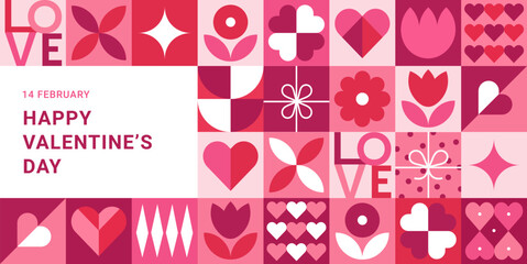 Happy Valentine's Day minimalist geometric banner. Modern pattern with simple shapes, hearts, flower, stars. Trendy design for background, card, cover, poster, wallpaper, packaging.