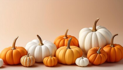  Assorted small orange and white pumpkins are arranged on a soft pastel beige background evo_1(798)