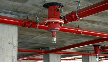 Fire protection water pipelines and sprinklers mounted to concrete ceiling of parking garage, perspective side view