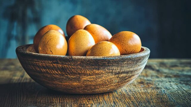 Brown eggs resting in a rustic wooden bowl on a textured surface