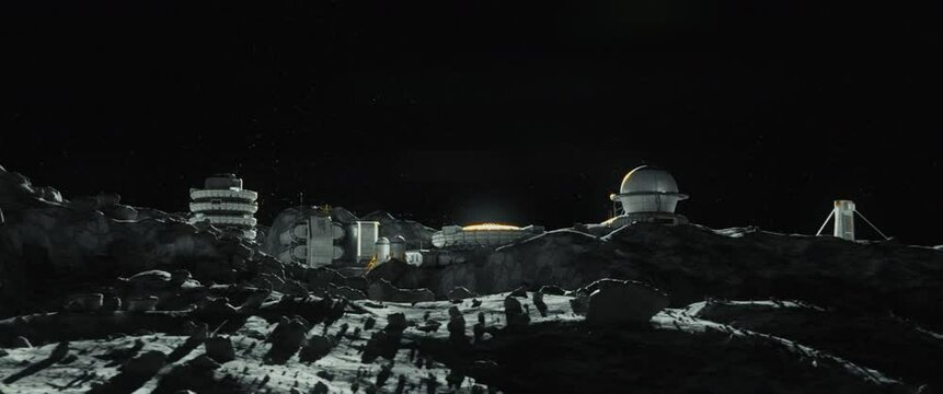 Moon surface with the lunar base  on the horizon