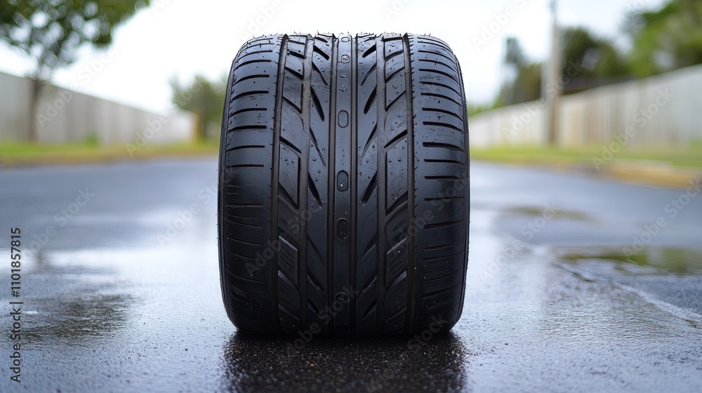 Poster a close-up of a wet tire on a road, showcasing its tread pattern and texture.