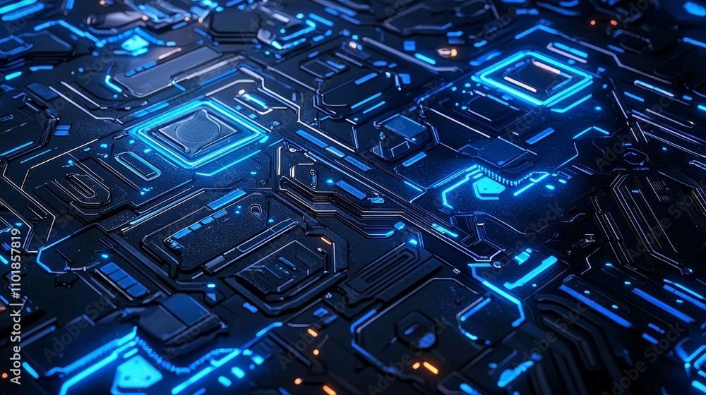 Fototapete A background of illuminated fiber optics and digital technology blue circuit boards, quantum computing networks, and electronic global intelligence.