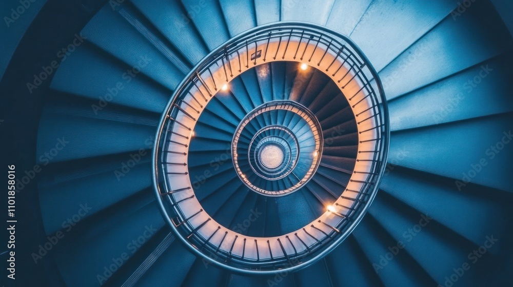 Poster a mesmerizing spiral staircase illuminated with warm lights, creating a dynamic visual effect.