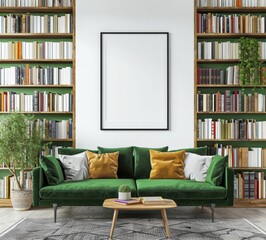 A green velvet sectional sofa sits in front of a large blank canvas in a modern living room with bookshelves. a coffee table. and plants