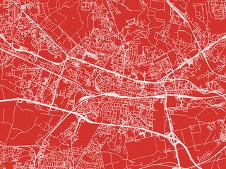 Christmas Map of Katowice, Poland in Snowy White on Festive Red Background.