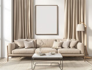 Modern living room interior with a beige sectional sofa. two framed posters. and a round coffee table with books