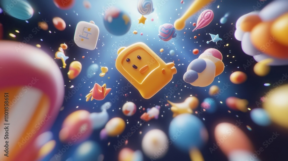 Poster colorful cartoon objects float in a bright space