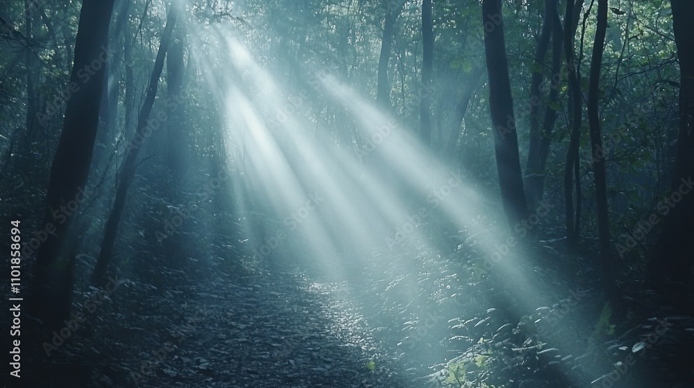Poster ethereal light beams filtering through a misty forest, creating a serene atmosphere.