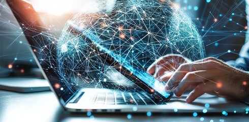 A concept of technical support customer service using a laptop computer with a global network, internet technology, IT support, digital system support