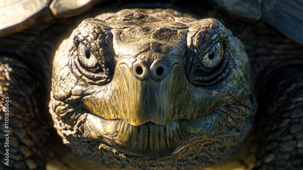 Poster close-up of a smiling tortoise showcasing its textured shell and expressive eyes.