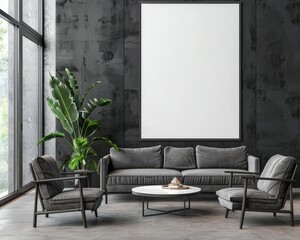 Modern living room with a large black sofa. a coffee table. and a large frame on the wall The room has a dark color scheme with plants. a lamp. and a large window