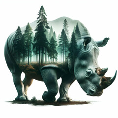 Fototapeta premium Double Exposure Forest Rhino Illustration