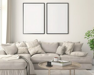 Fototapeta premium Minimalist living room interior with a beige sectional sofa. two framed mockups. a coffee table. and a potted plant