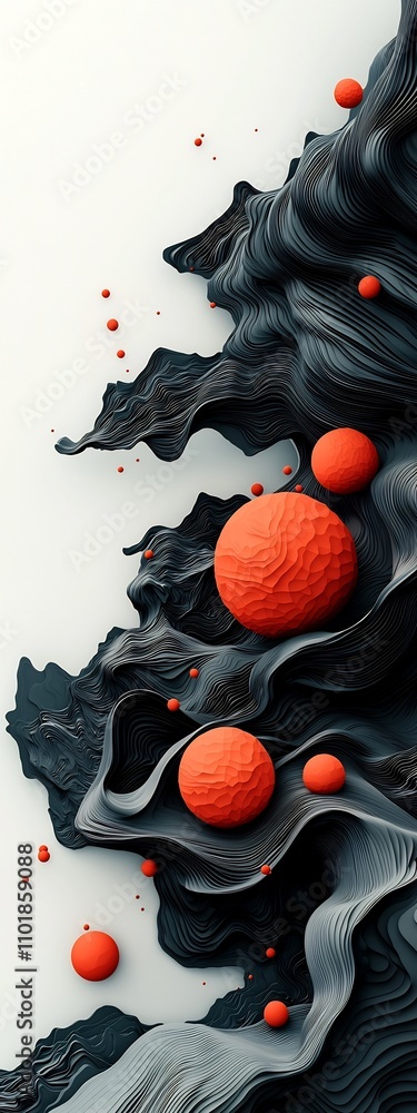 Poster surreal and abstract mountainscape with deep charcoal and ebony hues vibrant red globular shapes and