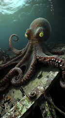 Obraz premium An imaginative depiction of an underwater squid-like biopunk exploration vehicle