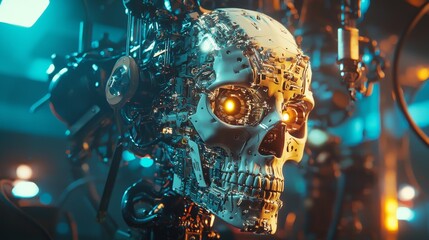 It is surrounded by cables and wires. The skull has a glowing blue brain.