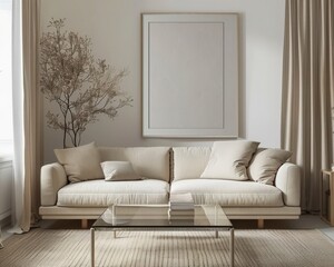 Minimalist living room with white couch. a glass coffee table. a large framed canvas. and a branch of cherry blossoms