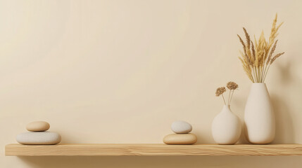 serene beige background features wooden shelf adorned with smooth stones and elegant vases holding dried flowers, creating calming atmosphere