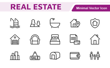 Real Estate Icon Set. A comprehensive collection of stylish and professional icons designed for the real estate industry, perfect for enhancing property listings, websites, and marketing materials.