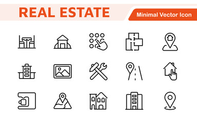 Real Estate Icon Set. A comprehensive collection of stylish and professional icons designed for the real estate industry, perfect for enhancing property listings, websites, and marketing materials.
