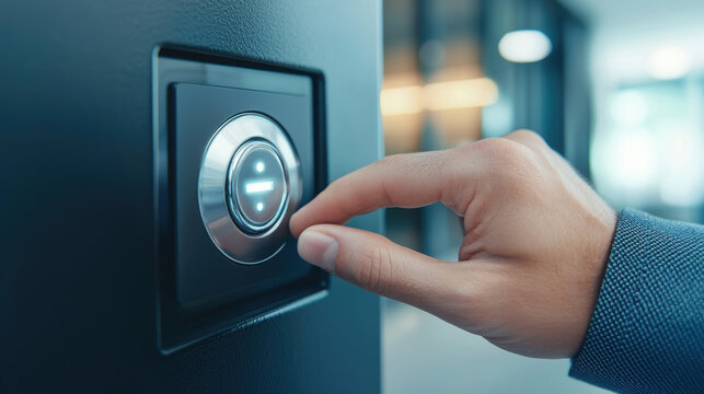 hand pressing modern electric safe button, showcasing technology and security. sleek design emphasizes functionality and user interaction in contemporary setting
