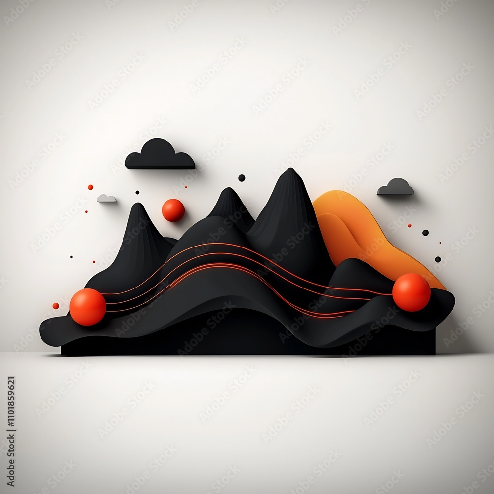 Poster captivating 3d digital depicting a surreal mountainous landscape with pulsing red orbs and dynamic f