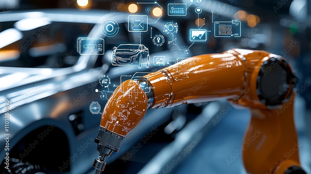 Aufkleber Digitalization in car factories features automated robot arms on assembly lines building high-tech green energy electric vehicles, with AI and computer vision conducting analysis and scans.