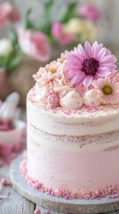Naklejka premium Beautiful pink floral cake decorated with fresh flowers and pastel colors for a celebration
