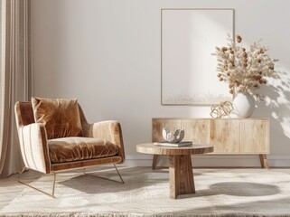 Minimalist living room interior design with a wooden armchair. a coffee table. and a vase of dried flowers