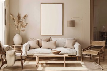 Minimalist living room interior with a large blank poster. white sofa. and wooden coffee table