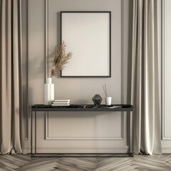 A black marble console table with a black frame poster. dried flowers in a vase. books. and decorative objects. against a light beige wall and wooden floor