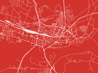 Christmas Map of Konin, Poland in Snowy White on Festive Red Background.